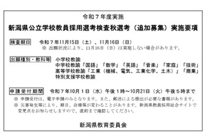 新潟県、教員採用「秋選考」小学校教諭など追加募集