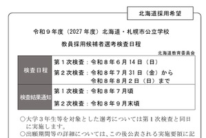 北海道・札幌市の2027年度教員採用、第1次検査は6/14