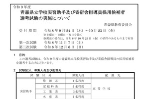 青森県、実習助手と寄宿舎指導員を募集…10/23まで出願受付