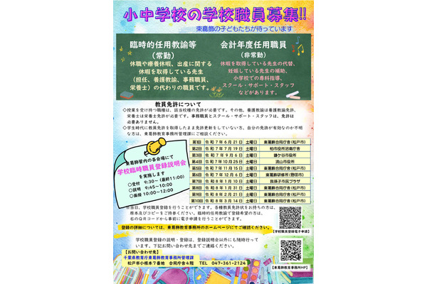千葉県、東葛飾管内の小中学校臨時職員募集…登録説明会10/25 画像