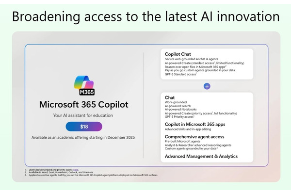 Microsoft365教育版アップデート、Copilot有料アドオンは12月提供開始 画像