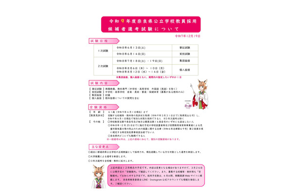 奈良県、27年度教員採用試験の変更点公表…1次試験6/13 画像