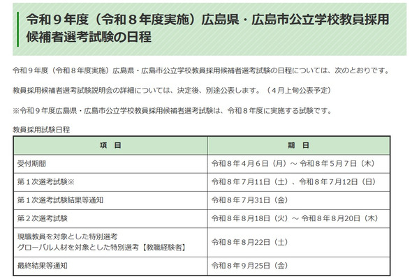 広島県・広島市、教員採用試験の日程…1次7/11-12 画像