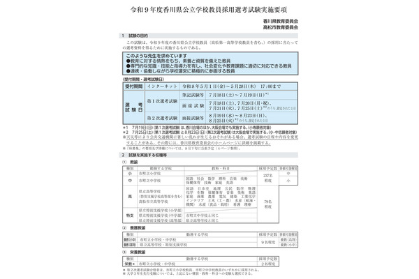 【教員採用】香川県、教員採用実施要項を公開…出願5/28まで 画像