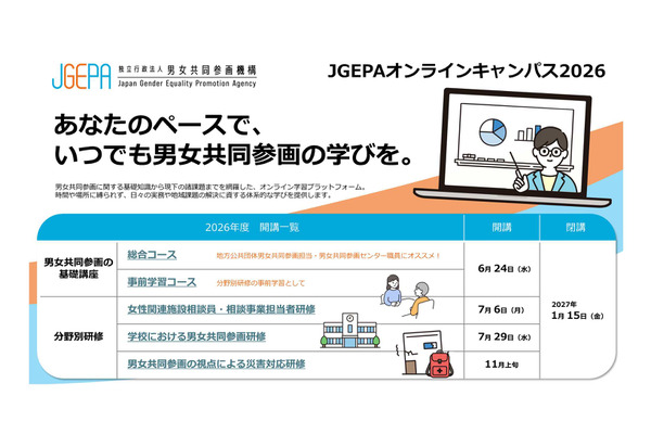 男女共同参画機構、オンライン研修を無料開講…基礎から分野別研修まで 画像