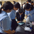 デジタル顕微鏡を用いてタブレットで観察するようす