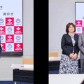 【左】左から_大森昭生 共愛学園前橋国際大学学長、西原廉太 立教大学総長【右】左から_後藤さゆり 共愛学園前橋国際大学副学長 、 國領二郎 同副学長、大森 同学長、西原 立教大学総長、箕浦真生 同副総長 、新田啓子 同副総長