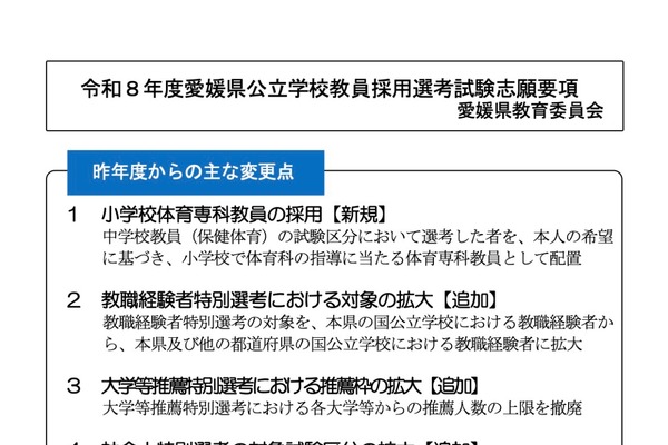 愛媛県の教員採用、志願要項を公表…採用予定数460人程度 画像