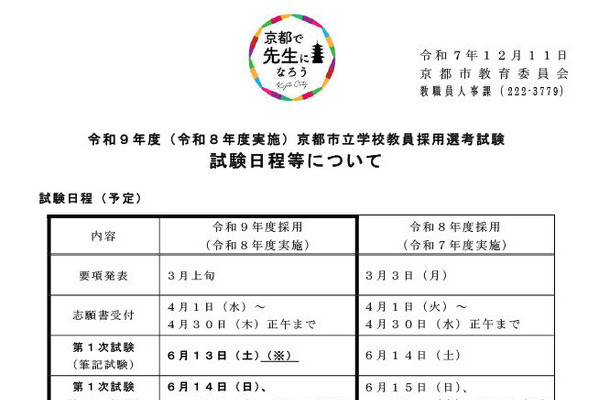 京都市、27年度の教員採用試験日程を公開…説明会12/19 画像
