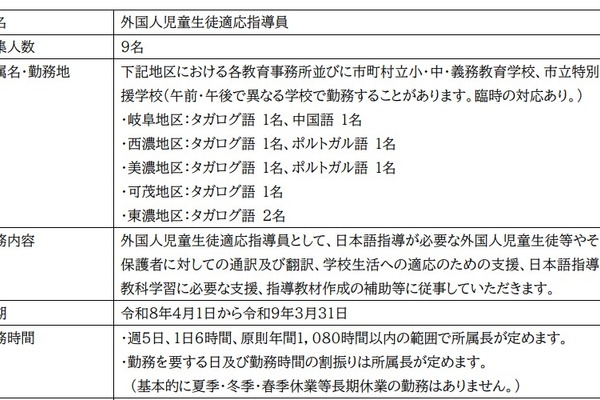 岐阜県、外国人児童生徒適応指導員を募集…締切1/16 画像