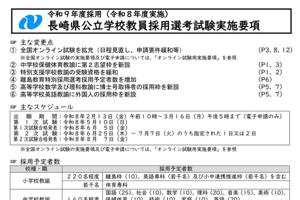 長崎県教採、実施要項発表…2027年度519人程度採用予定 画像