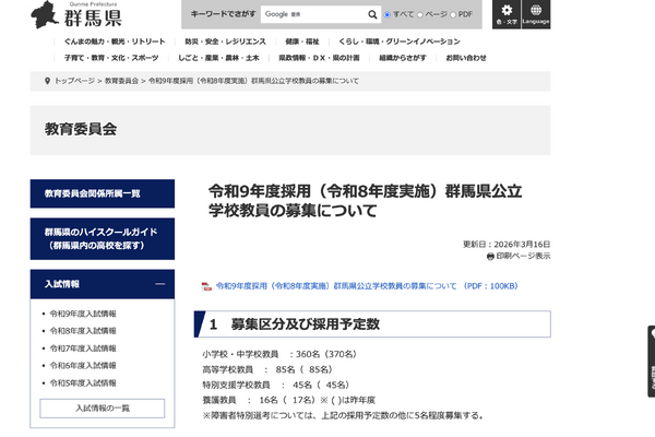 群馬県の教員採用、506人を採用予定…1次選考7/5 画像