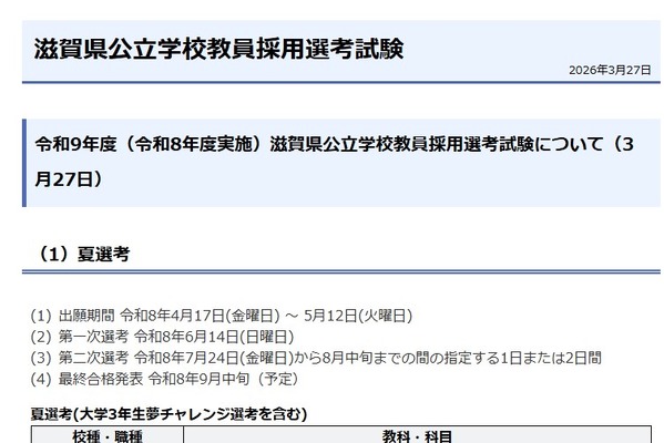 滋賀県の教採試験、加点申請書の提出を電子化…夏選考6/14 画像