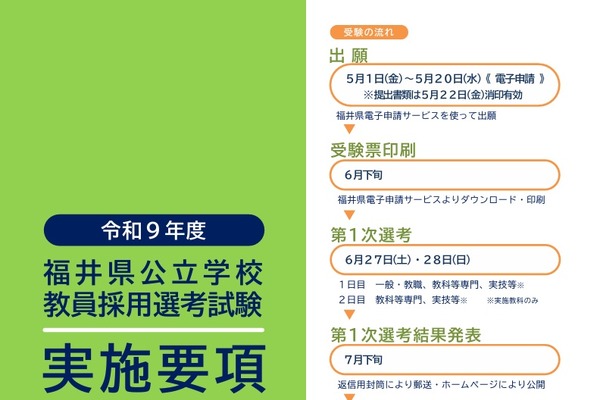 【教員採用】福井県、約260名募集…出願5/20まで 画像