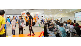 「保育博ウエスト2024」の展示エリア（左）とセミナー会場のようす（右）