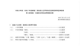 令和8年度（令和7年度実施）高知県公立学校教員採用候補者選考審査 第2回現職・元職教員特別選考実施要項（一部）