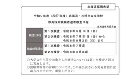 令和9年度（2027年度）北海道・札幌市公立学校教員採用候補者選考検査の実施日程