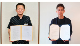 連携協定締結、沖縄県教育委員会 教育長 半嶺満氏（左）、note 代表取締役CEO 加藤貞顕氏（右）