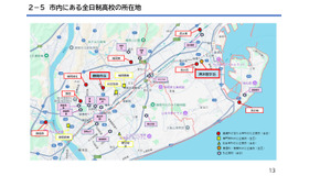 市内にある全日制高校の所在地