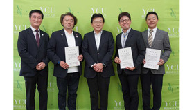 左から石川学長、小出氏、近野理事長、陳内氏、河林氏