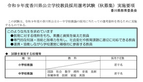 香川県、教員採用選考「秋募集」試験を実施する校種など