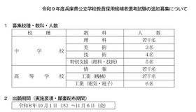 令和9年度兵庫県公立学校教員採用候補者選考試験の追加募集について