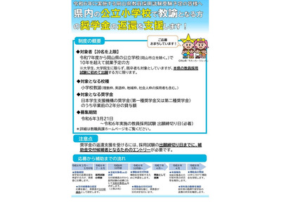岡山県、公立小学校の教員確保へ…奨学金返還支援の新事業 画像