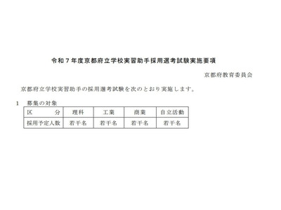 京都府立学校、実習助手・寄宿舎指導員採用試験…締切9/27 画像