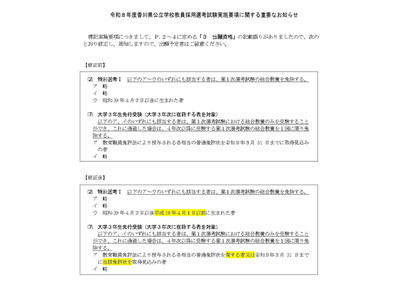 香川県の教員採用試験、出願資格を訂正発表 画像
