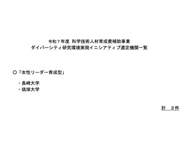 女性リーダー育成「ダイバーシティ研究環境実現」長崎大・琉球大を選定 画像