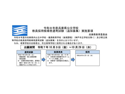 兵庫県の教員採用、中学・高校で追加募集…10/29締切 画像