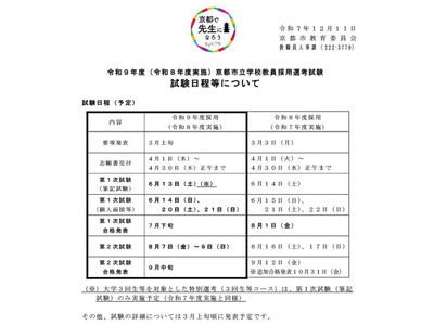京都市、27年度の教員採用試験日程を公開…説明会12/19 画像
