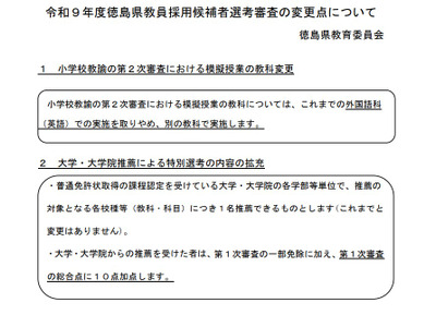 徳島県、教員採用選考の変更点…小学校模擬授業の教科を変更 画像