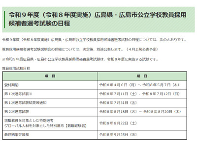 広島県・広島市、教員採用試験の日程…1次7/11-12 画像