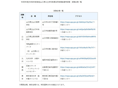 山口県の教採、九州・関西・東京の試験会場を発表 画像