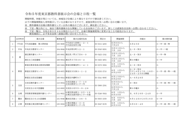 令和5年度東京都教科書展示会の会場と日程一覧