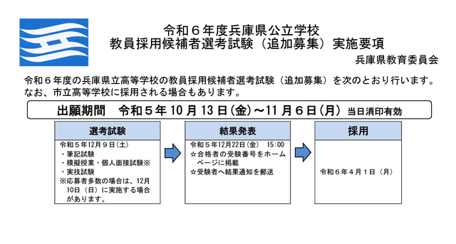 2024年度兵庫県公立学校 教員採用候補者選考試験（追加募集）