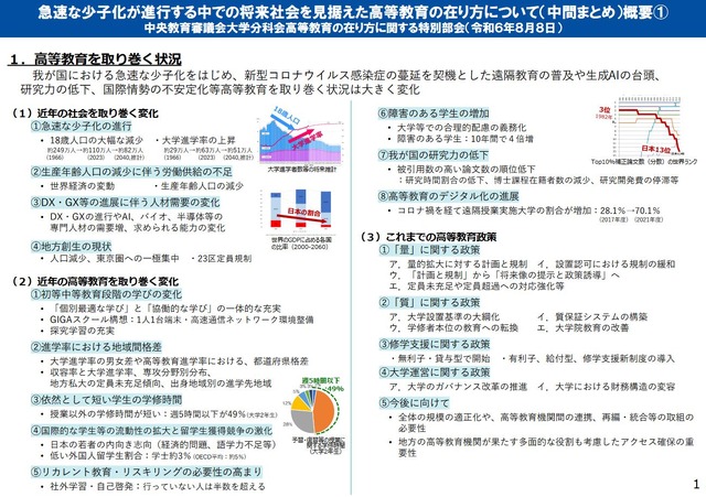 急速な少子化が進行する中での将来社会を見据えた高等教育の在り方について（中間まとめ）概要