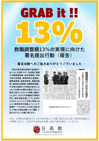 教職調整額13％実現に向けた署名提出