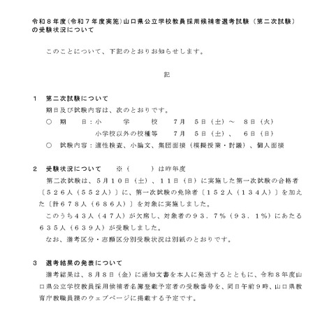2026年度山口県公立学校教員採用候補者選考試験（第二次試験）の受験状況について