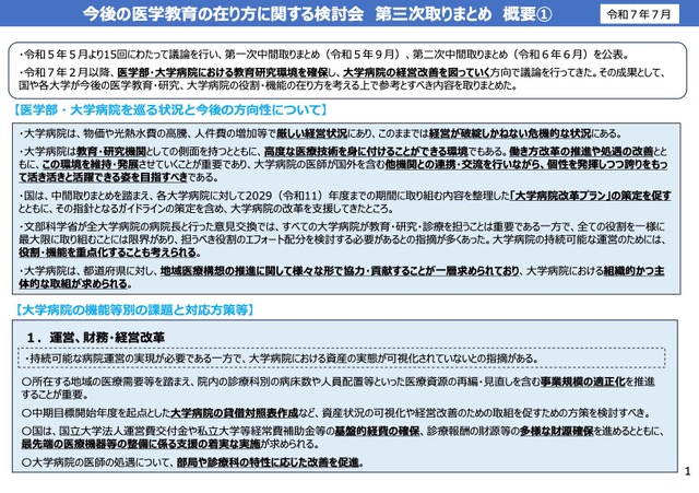 今後の医学教育の在り方に関する検討会 第三次取りまとめ 概要