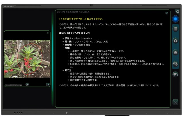 電子黒板「ミライタッチ」上で動作するMIRAI FLOWアプリの利用イメージ（花の画像をAIが解説）