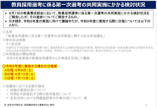教員採用選考に係る第一次選考の共同実施にかかる検討状況、2027年度に実施する場合の日程案