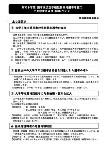 令和9年度 熊本県公立学校教員採用選考考査のおもな変更点および日程について
