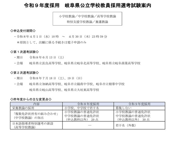 令和9年度採用 岐阜県公立学校教員採用選考試験案内の一部