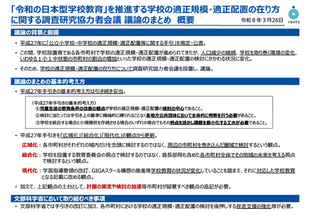 「令和の日本型学校教育」を推進する学校の適正規模・適正配置の在り方に関する調査研究協力者会議議論のまとめ 概要