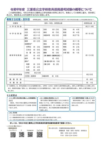令和9年度 三重県公立学校教員採用選考試験の概要