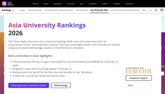 Asia University Rankings 2026（アジア大学ランキング2026）
