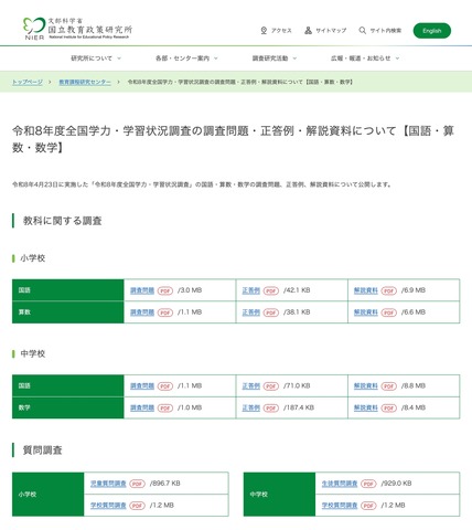 令和8年度全国学力・学習状況調査の調査問題・正答例・解説資料について