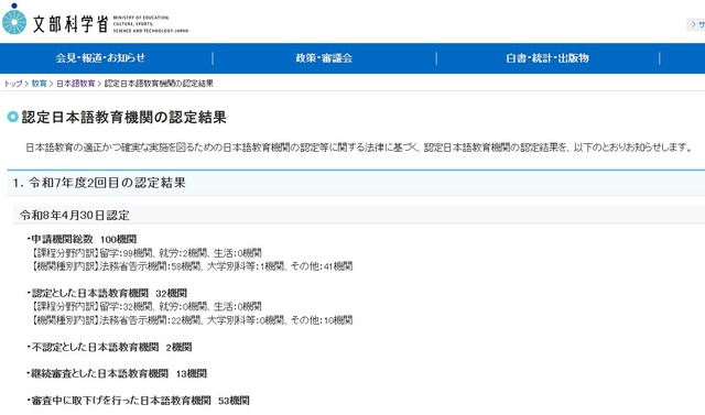 認定日本語教育機関の認定結果
